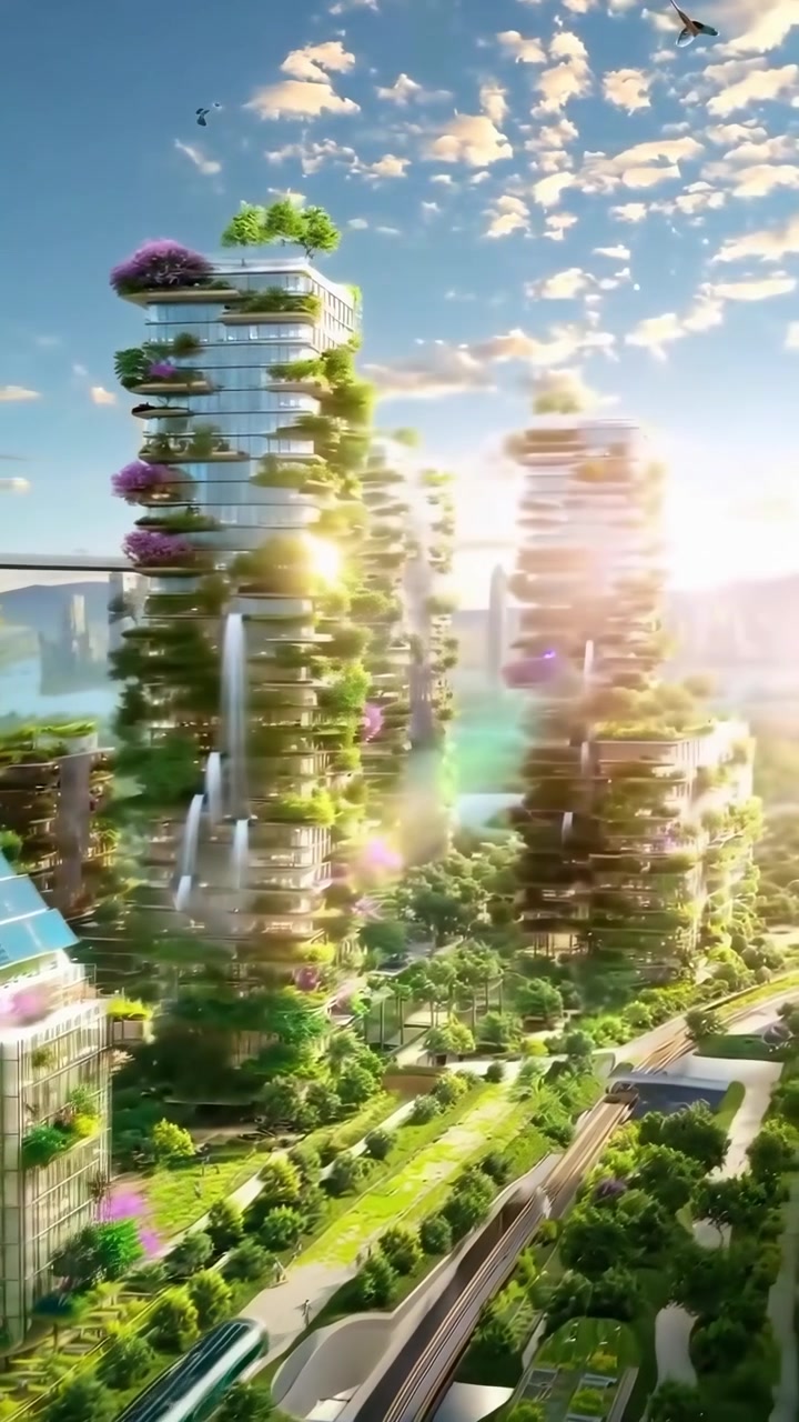 Futuristic Eco-Friendly City with Vertical Gardens and Sustainable Architecture