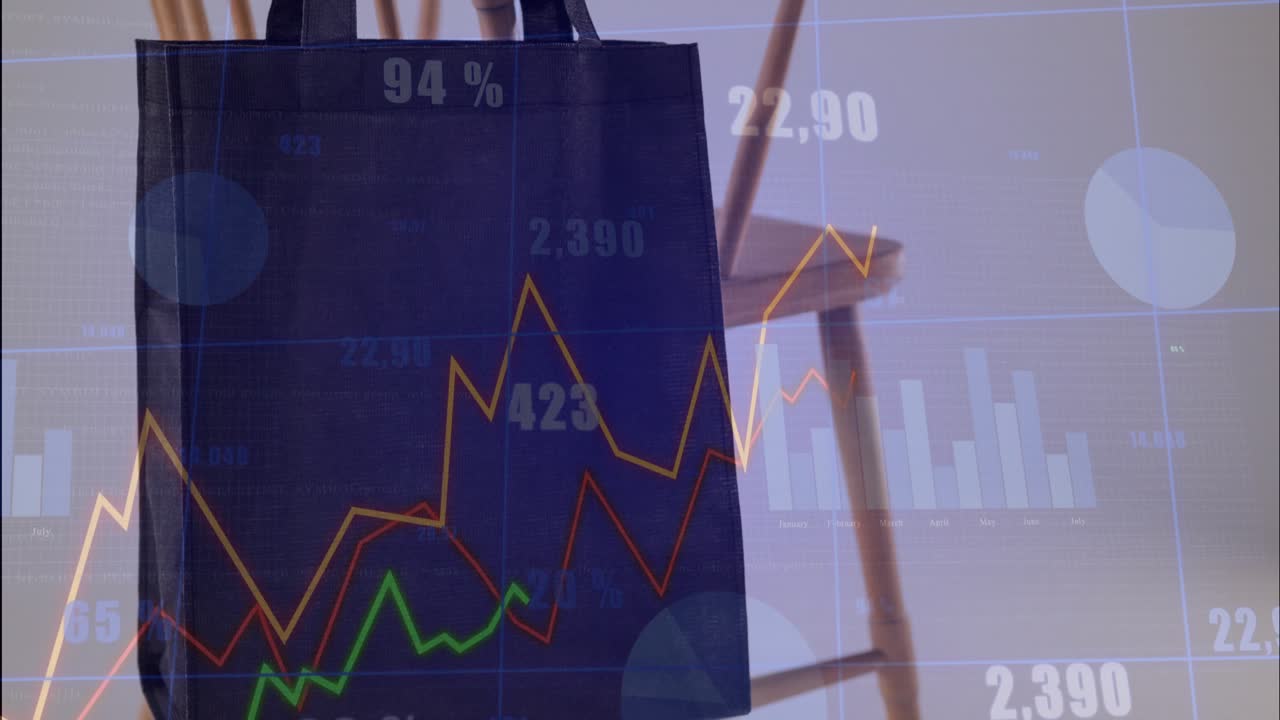 On sequence start overlaid financial graphics animating across dark tote bag, showing market trends