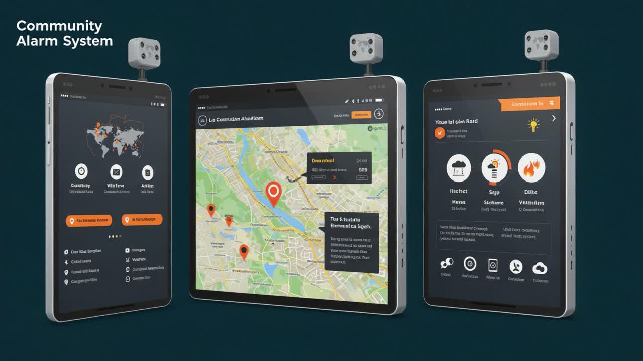 Advanced Community Alarm System Showcasing Interactive Features and Map Integration for Enhanced Safety and Real-Time Alerts in a Modern Interface Design