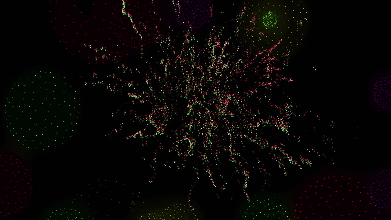 Animation of shapes and fireworks on black backrgound