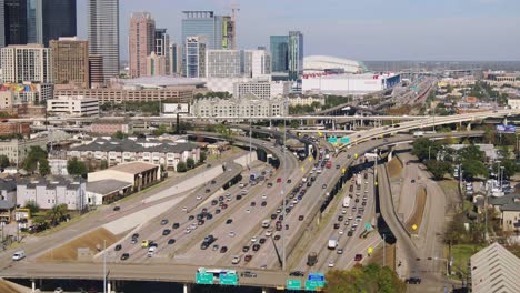 Drone-view-of-cars-on-59-heading-North-near-downtown-Houston