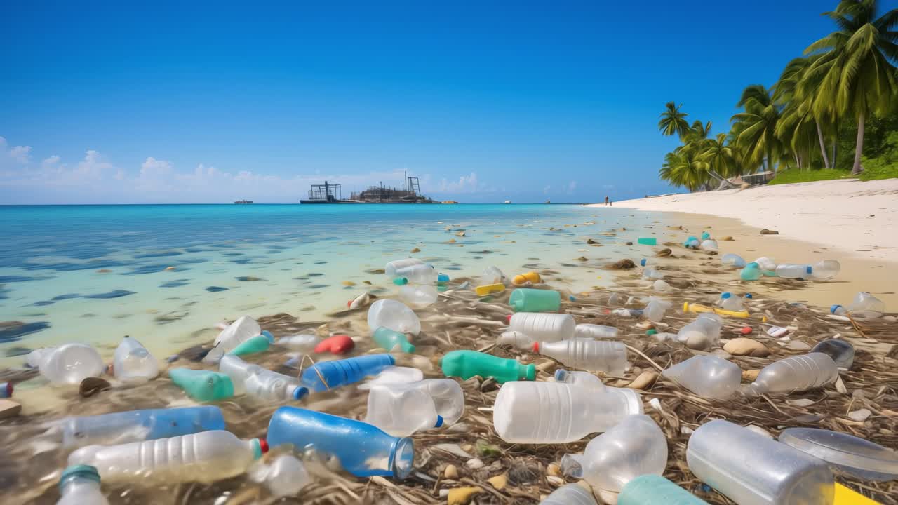 Plastic bottles and other garbage polluting the shore of a tropical beach in the Maldives, highlighting the global issue of plastic pollution and its impact on paradise destinations