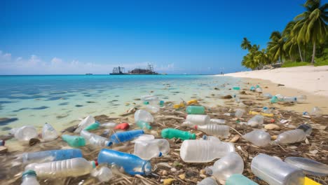 plastic bottles and other garbage polluting the shore of a tropical beach in the maldives, highlighting the global issue of plastic pollution and its impact on paradise destinations