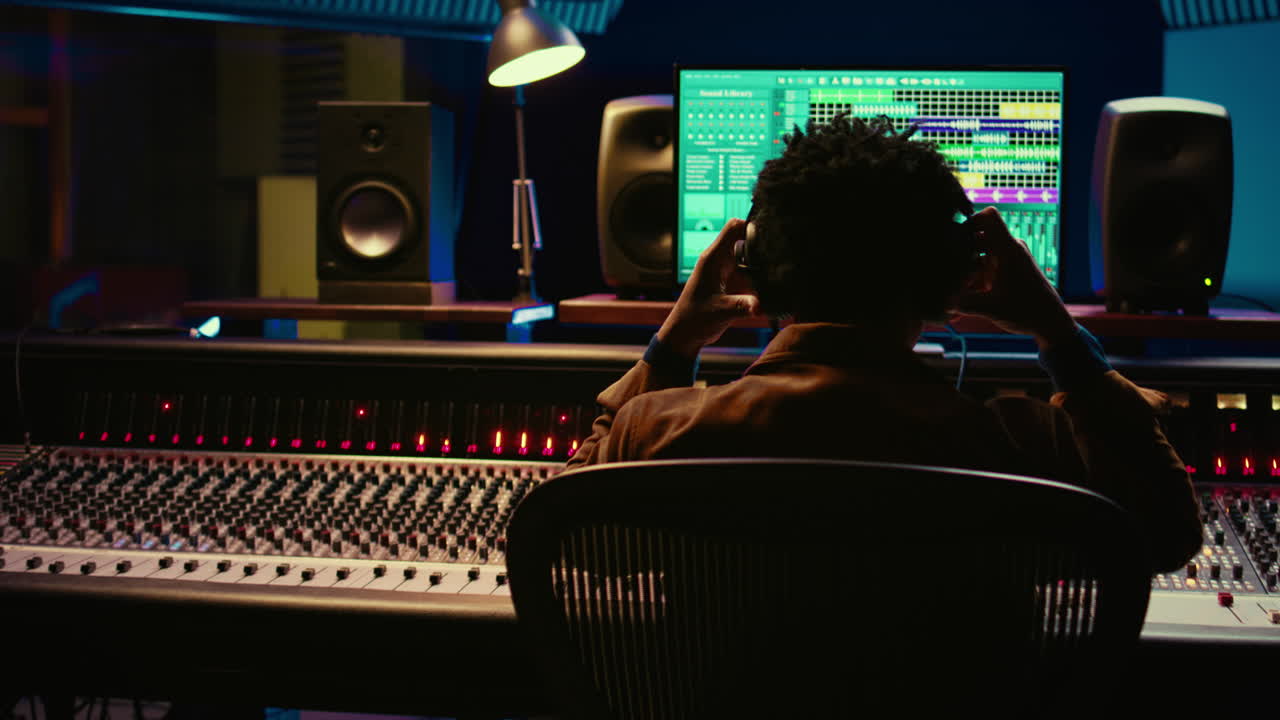ingeniero de sonido afroamericano grabando y editando pistas en postproducción
