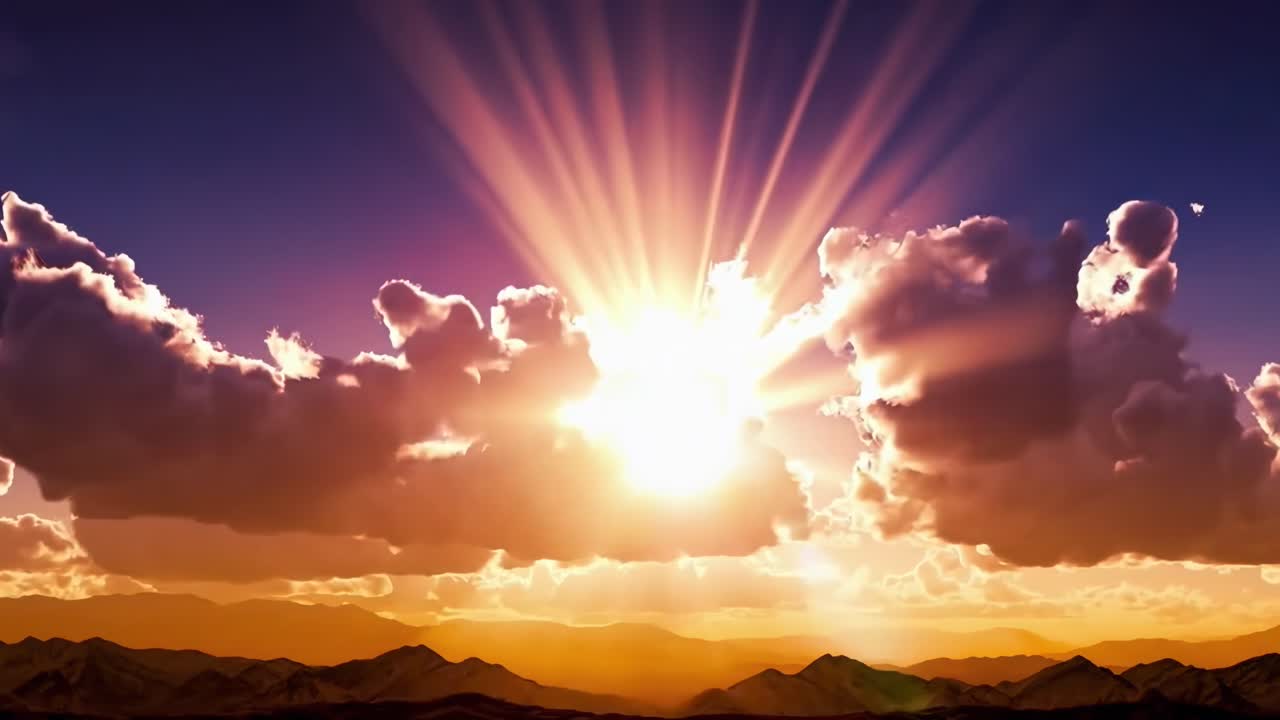 Vídeo de pôr do sol dramático com raios de sol rompendo as nuvens, capturado de um ângulo baixo.