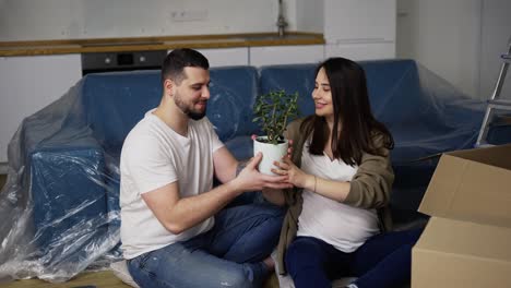 pareja sonriente sentada en el suelo de la sala de estar, desempaquetando la planta de la caja
