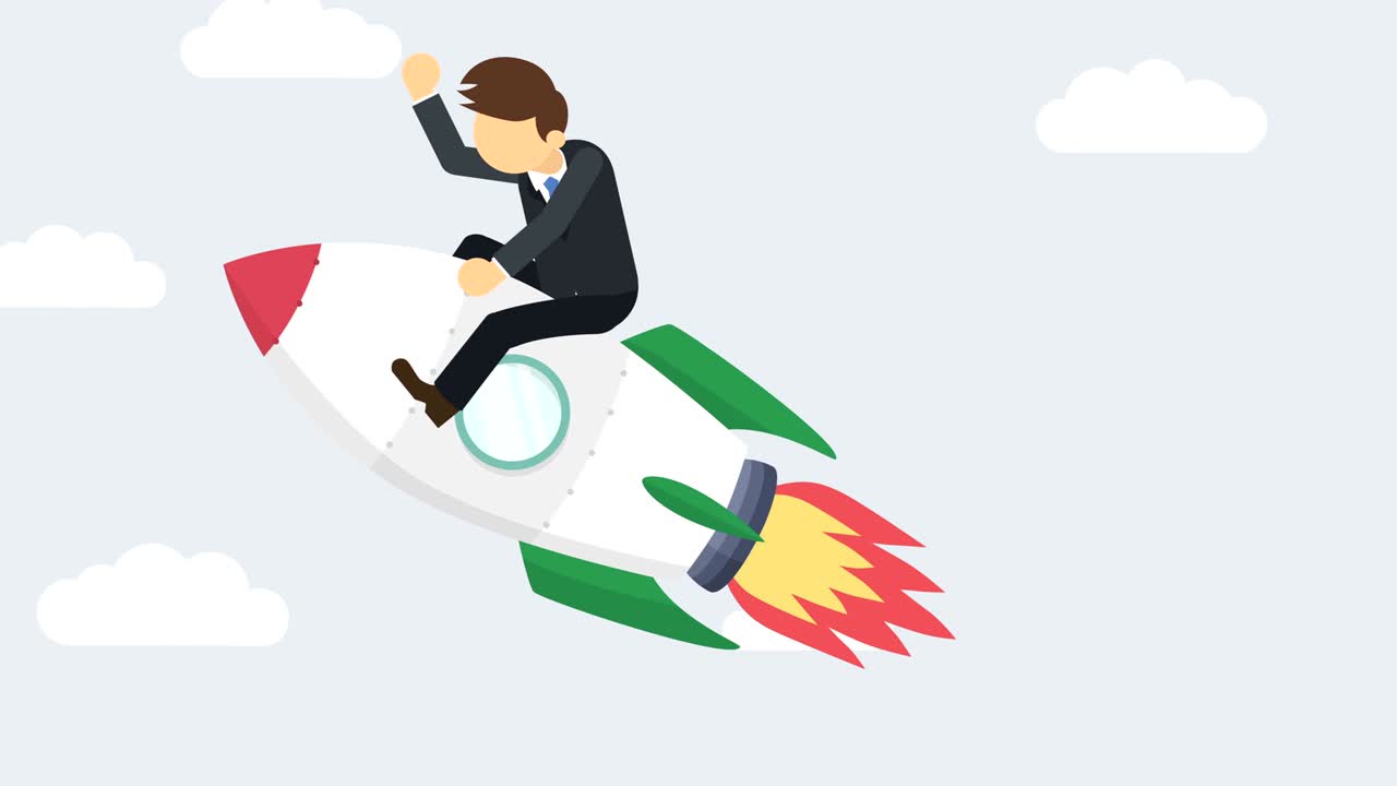 hombre de negocios volando en un cohete a través del cielo nublado. concepto de salto. ilustración de bucle en estilo plano.