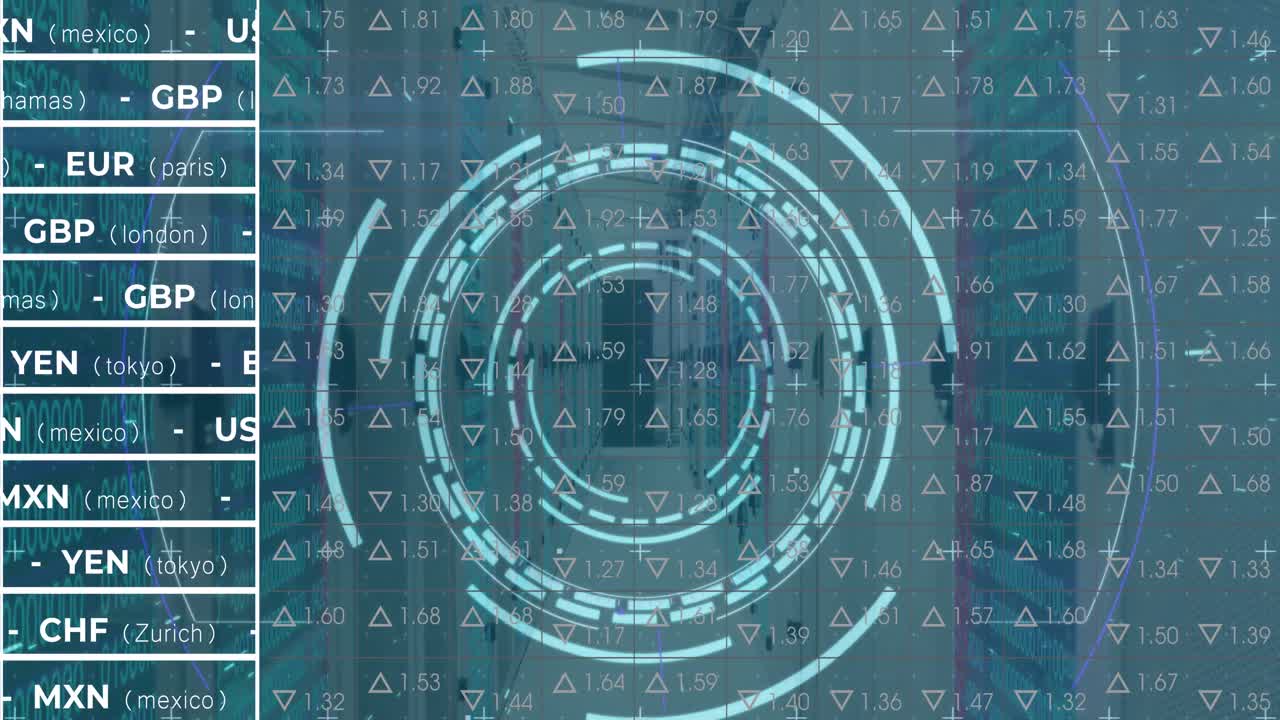Animation of digital data processing and digital interface and grid over blue background