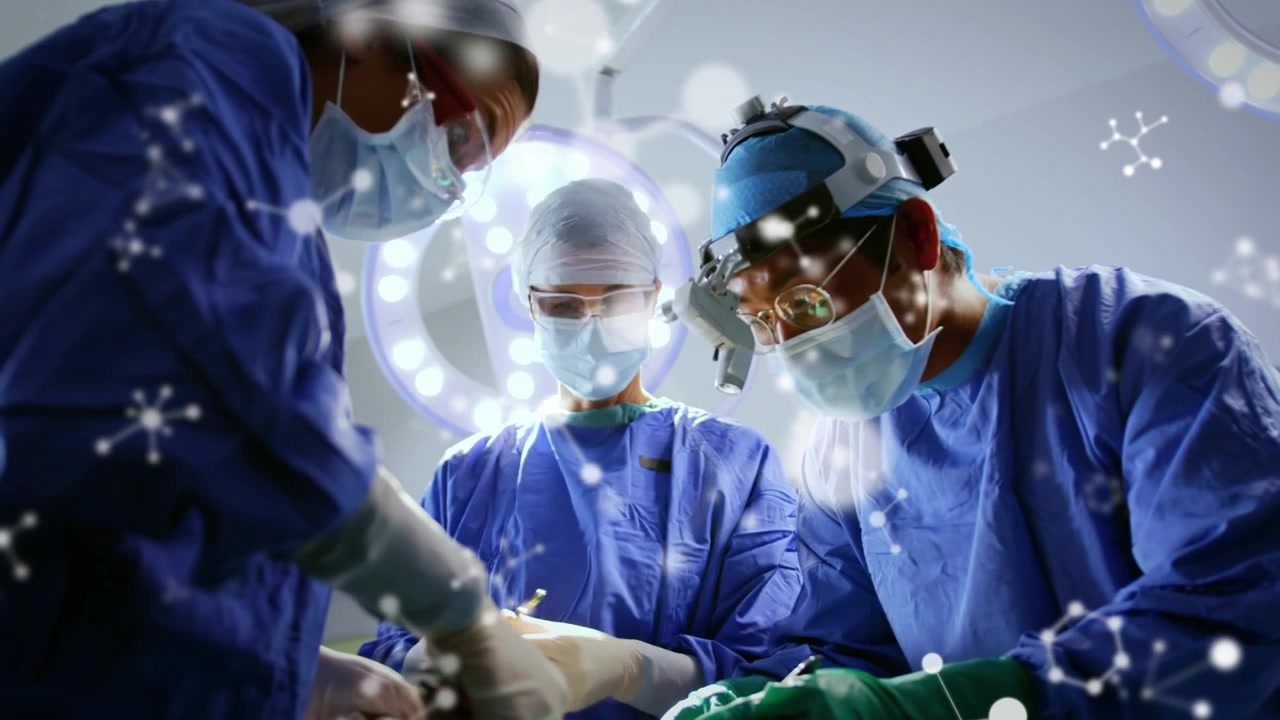 Animazione di molecole su chirurghi di diverse etnie che operano