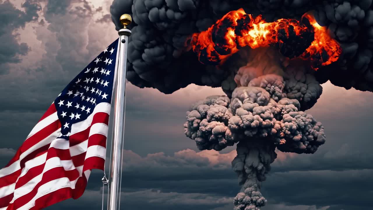 핵 이 구름은 미국 발을 흔들며 위협적으로 상승하며, 핵 분쟁과 세계 파괴의 재앙적 잠재력을 상징합니다.