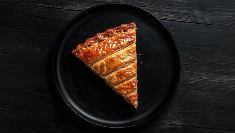 slice of galette des rois on black plate