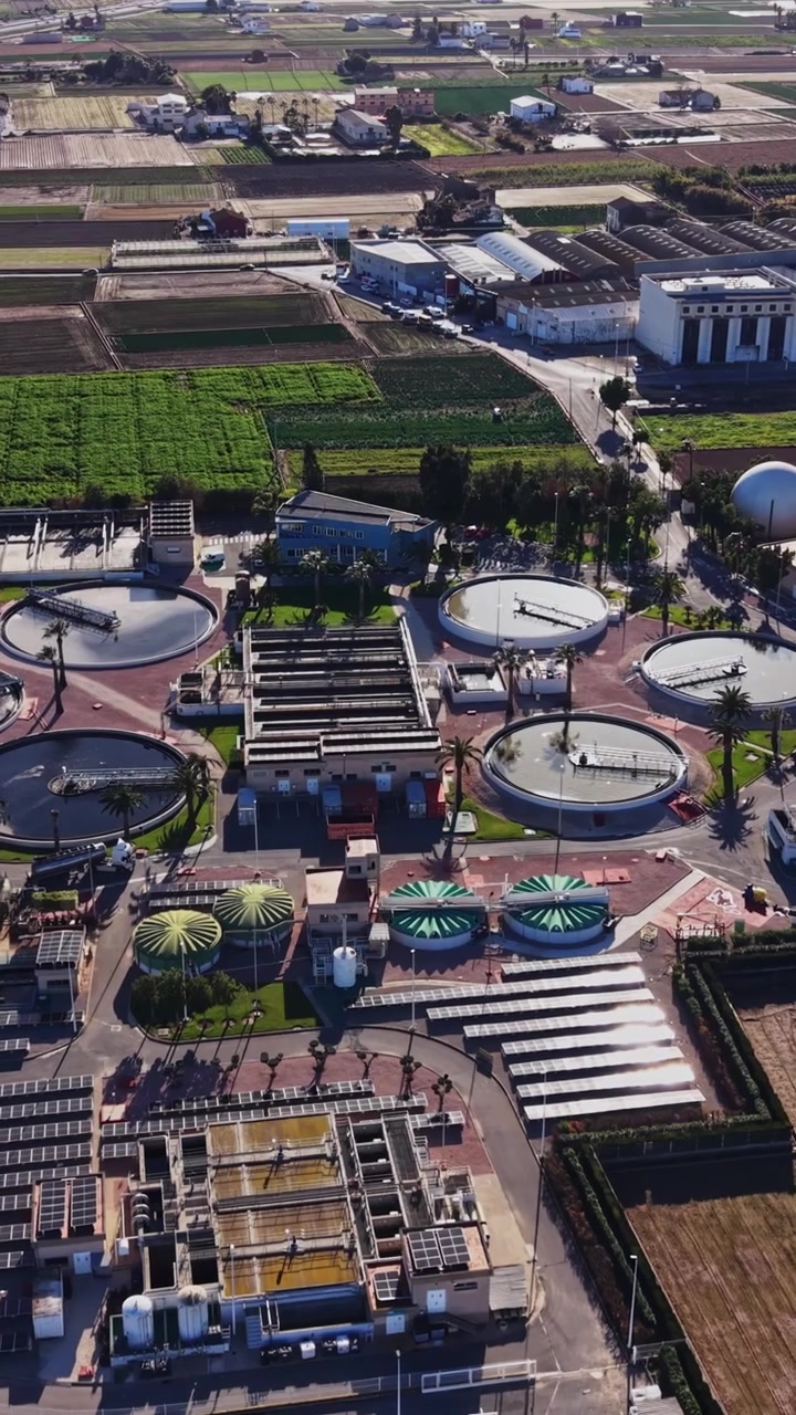 Water treatment facility in rural Spain surrounded by farmland