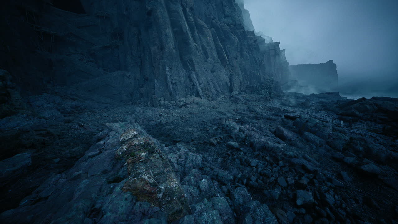 Desolate midnight scene featuring solitary figure and rugged coastal geology