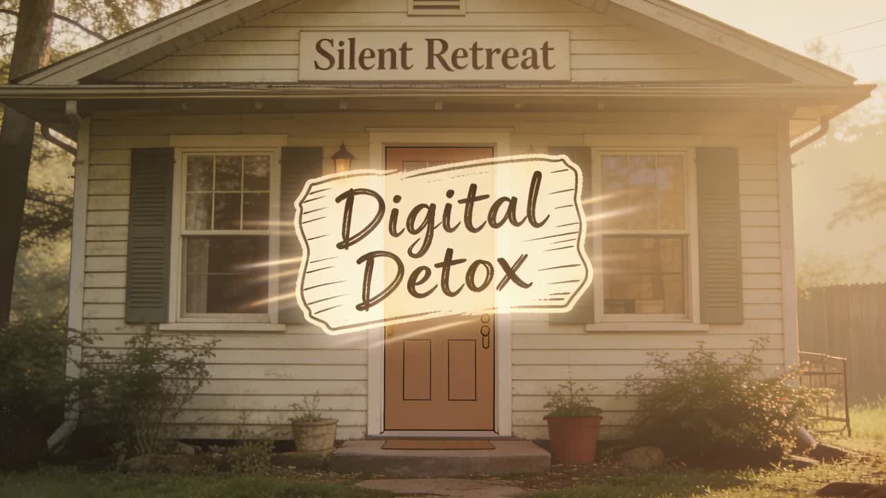 House sitting, title reading Digital Detox appearing over door, emitting streaks promoting wellness