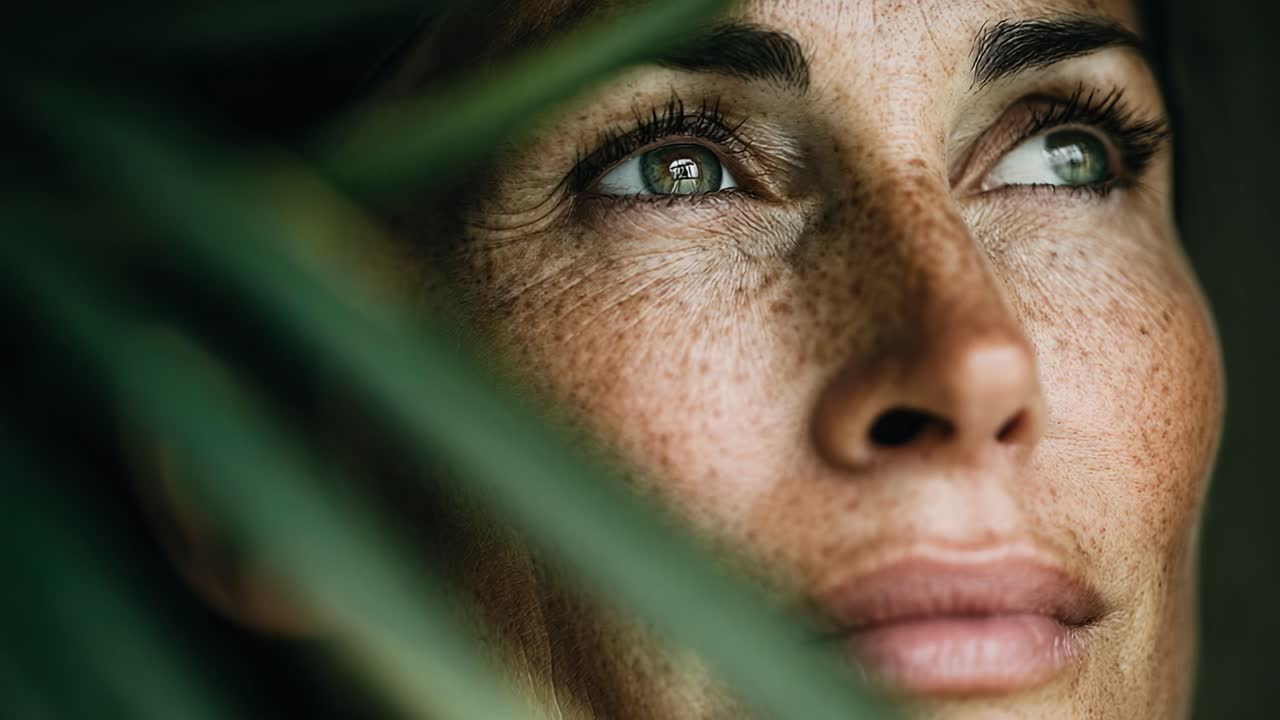 A Serene Exploration of Connection with Nature: Capturing a Woman's Tranquil Beauty Framed by a Leafy Green Background