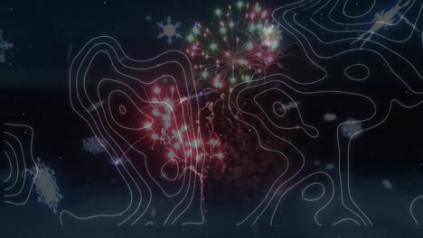 Animation-of-fireworks-and-white-lines-on-black-background