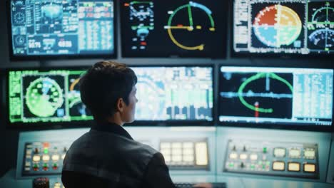 a focused operator monitors advanced technology screens in a high-tech control room, analyzing vital data for precision tasks and operations
