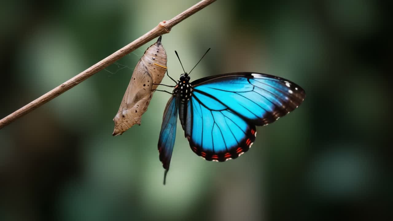 Una splendida farfalla blu emerge dalla sua crisalide, mostrando la trasformazione della natura e la bellezza della metamorfosi in natura.