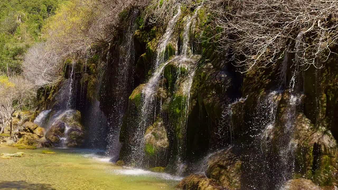 cascada de aguas puras y vegetación de colores verdes y amarillos durante el deshielo de primavera