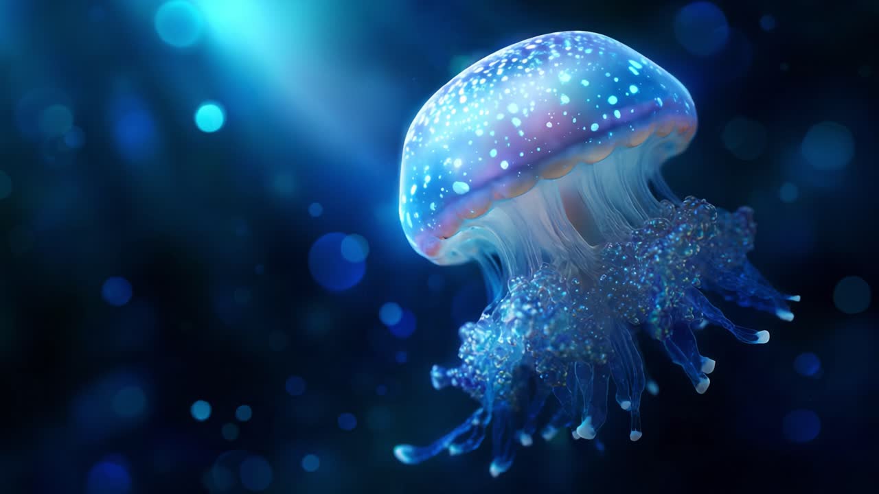 A mesmerizing jellyfish floats gracefully in a vibrant, ethereal underwater world, illuminated by shimmering lights and surrounded by a kaleidoscope of colors, showcasing nature's beauty