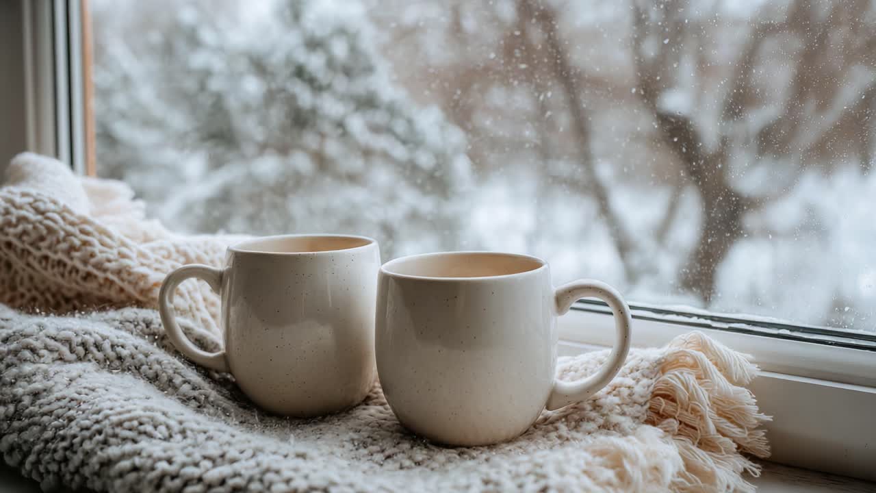 Accogliente mattina d'inverno: due tazze calde vicino alla finestra, circondate da morbidi tessuti a maglia e un paesaggio innevato, che invitano al comfort e alla serenità durante le giornate fredde.