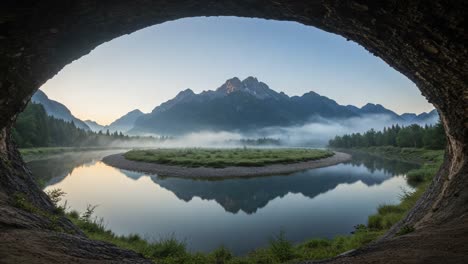 a tranquil mountain landscape framed by natural rock, showcasing serene waters and misty atmosphere in the early morning light