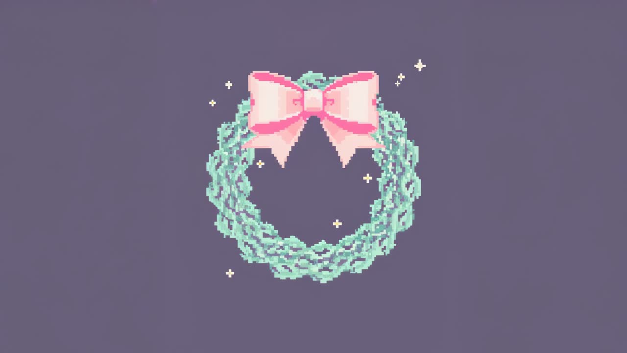 Animation starting pixel-art wreath pulsating, sparkling on purple backdrop with pink bow for decor