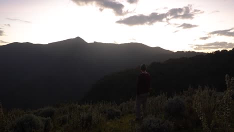 a western hiker looks over east african mountains in the early morning to a tropical jungle