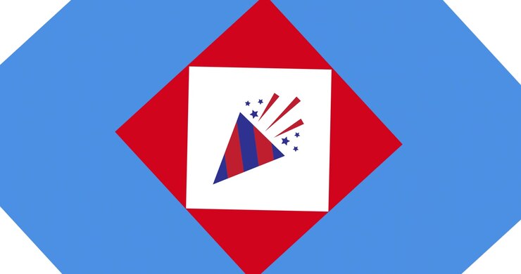 Animazione di cono di fuochi d'artificio sui colori rosso, bianco e blu della bandiera americana