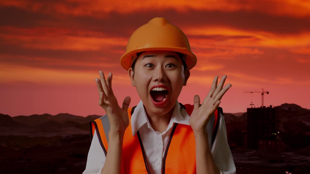 reacción emocionada del trabajador de la construcción al atardecer