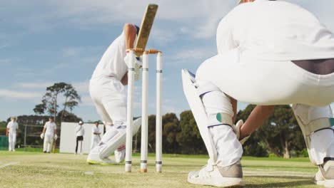 Vista-Trasera-Del-Jugador-De-Cricket-Atrapando-La-Pelota-Y-Destruyendo-Los-Sellos.