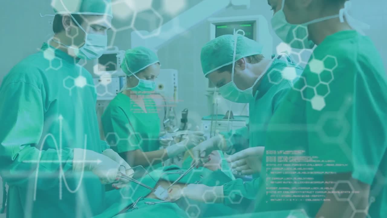 수술실에서 환자를 수술하는 외과 의사에 대한 의료 정보 및 데이터 처리 애니메이션