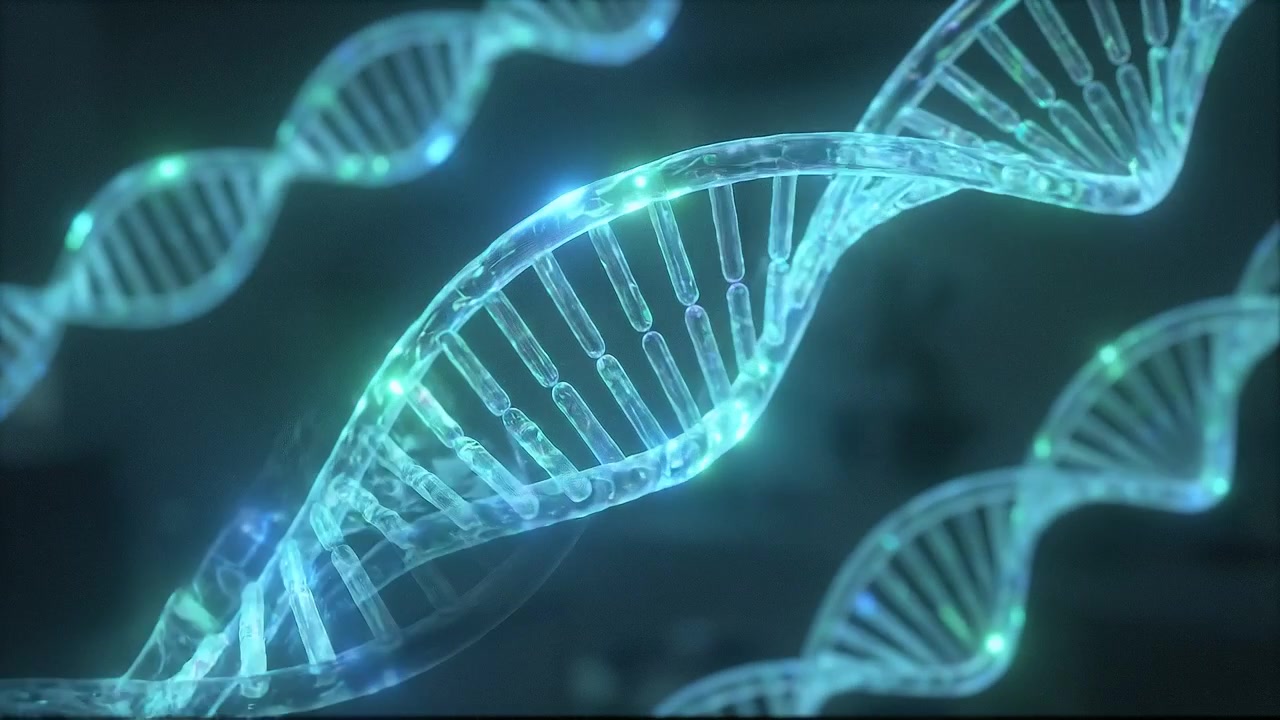 Primo piano di una doppia elica di DNA a maglie astratte, animazione in tonalità blu