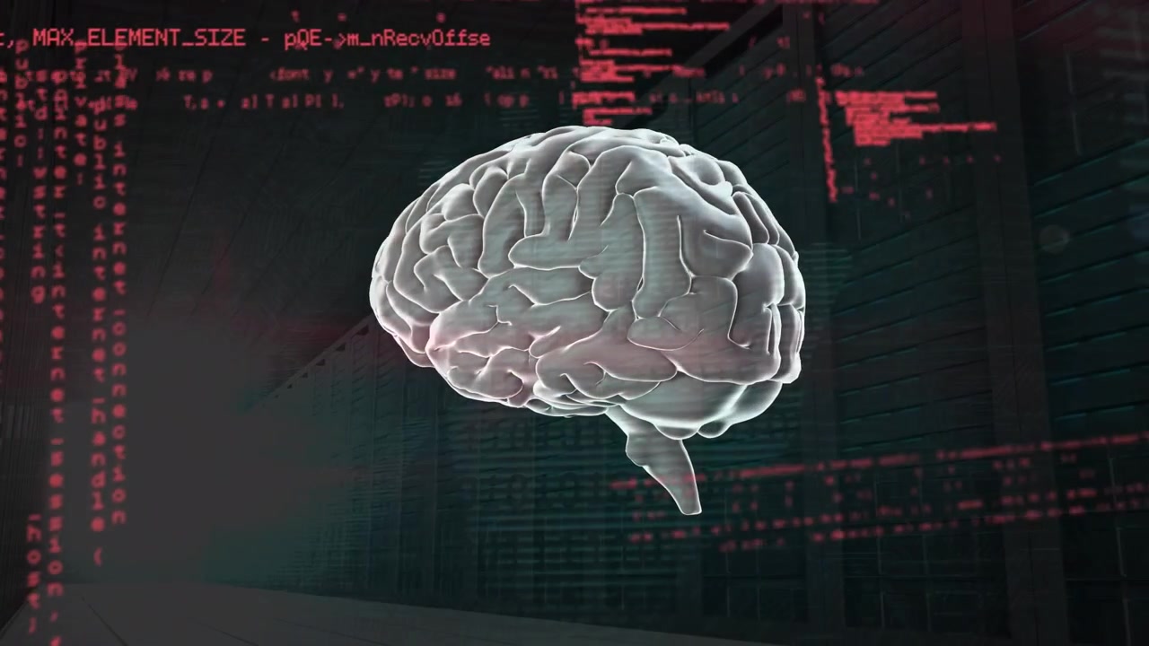 Animation of data processing and human brain over dark background