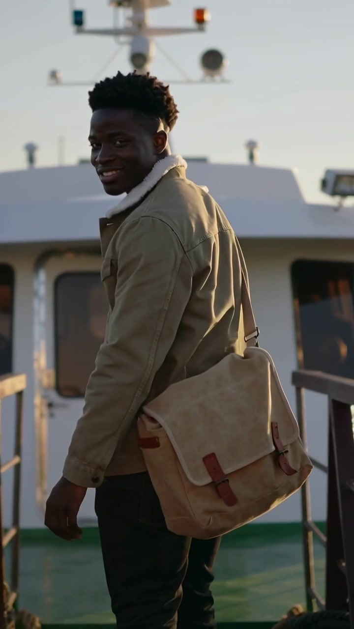 Video verticale: Uomo con cappotto color cammello e borsa si avvicina alla passerella, si imbarca sulla nave per partire, sorridendo