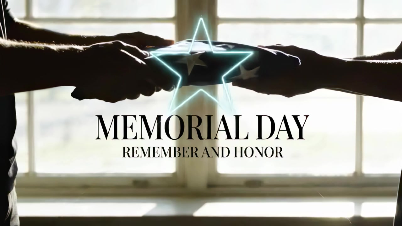MEMORIAL DAY text appearing, shadows holding folded US flag at window, neon star rising, honoring