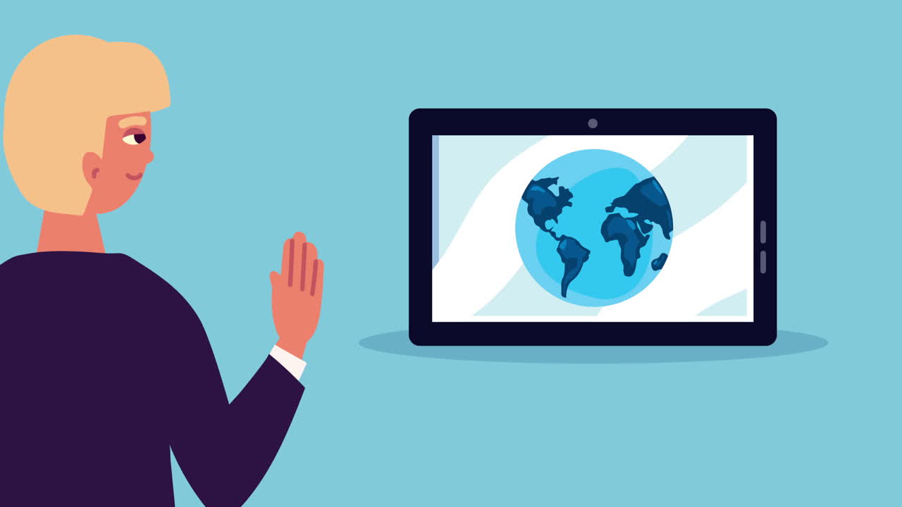 young man with earth planet in tablet