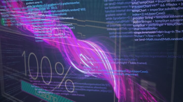 Animation af skiftende tal, indlæsningstekst i bjælke over computersprog og abstrakt mønster