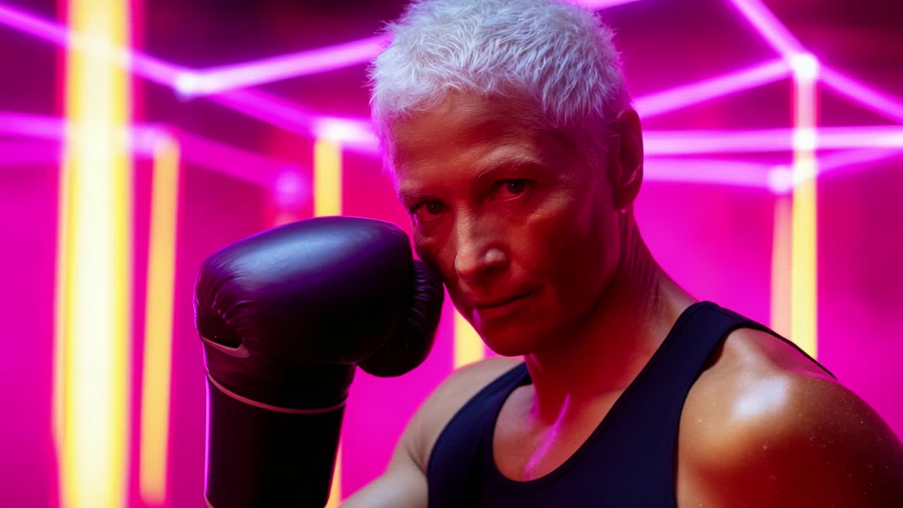 An Empowering Portrait of a Fitness Enthusiast in a Dynamic Setting: Showcasing Strength, Resilience, and the Art of Boxing in a Neon-lit Environment