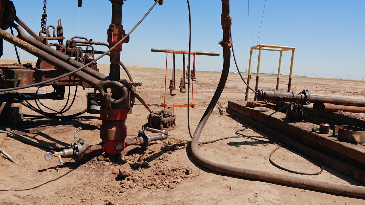 Equipment and instruments used at the site for drilling natural resources. Production of oil in the desert.