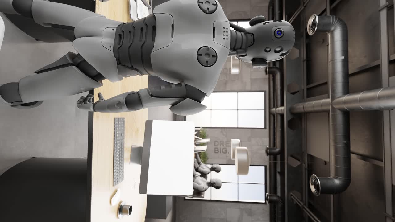 artificial intelligence taking over concept boss chief coordinate colleague of futuristic robot humanoid cyber team working together in office with laptop 3d rendering animation