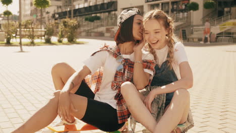 two happy teenage girls sitting on a skateboard