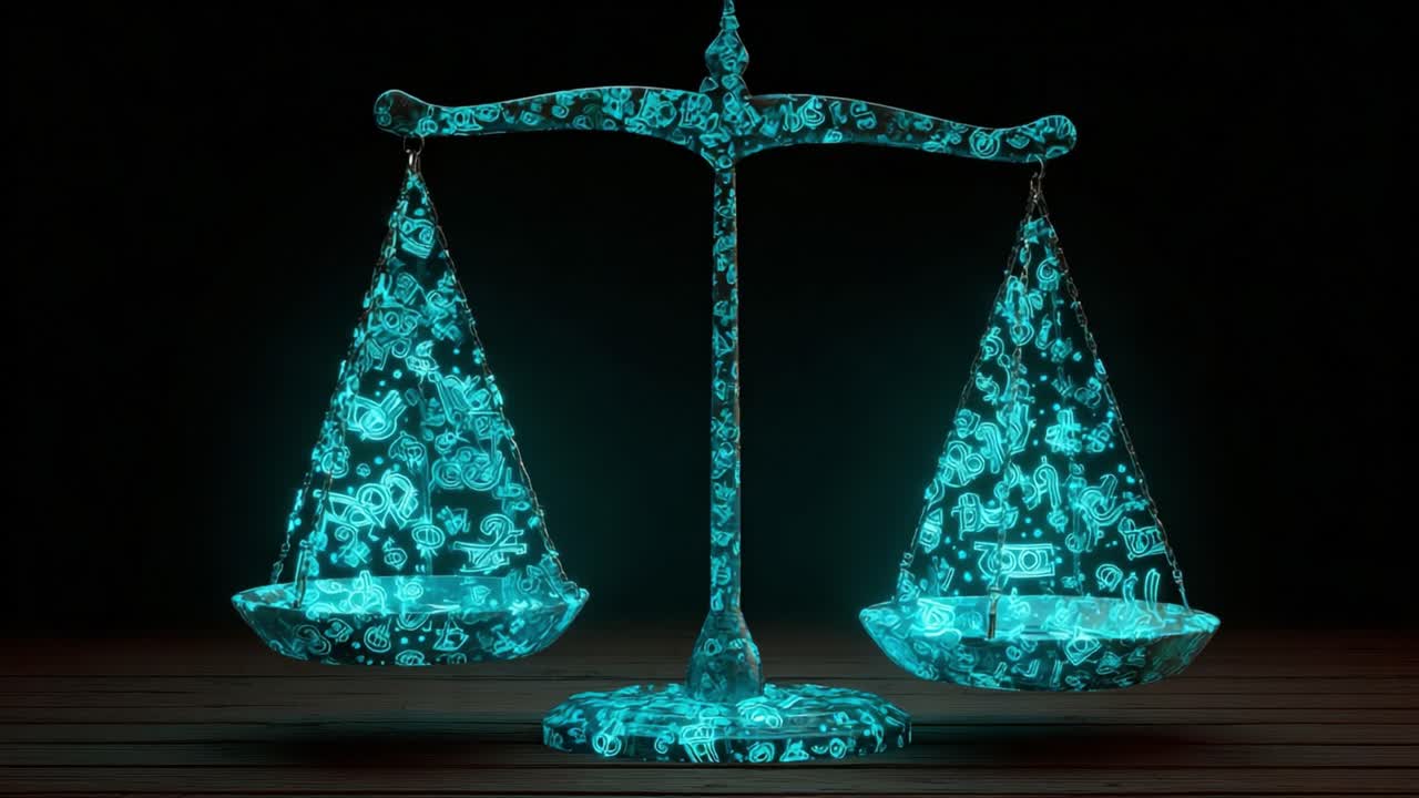 Financial instability and economic volatility concept showing glowing currency symbols on an unbalanced scale, representing the unpredictable nature of global markets and financial inequality