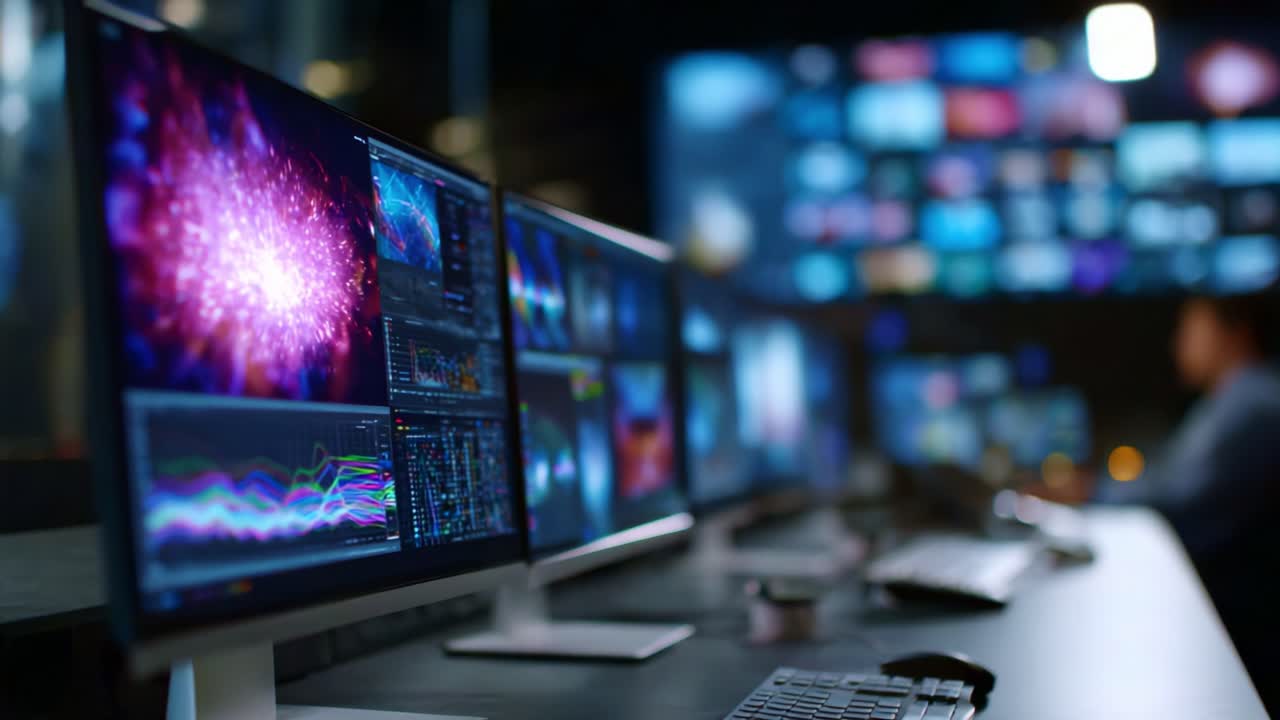 Workstation yang ramping dan dinamis menampilkan beberapa layar yang penuh dengan visualisasi data dinamis dan grafik warna-warni, menekankan teknologi dan analisis informasi
