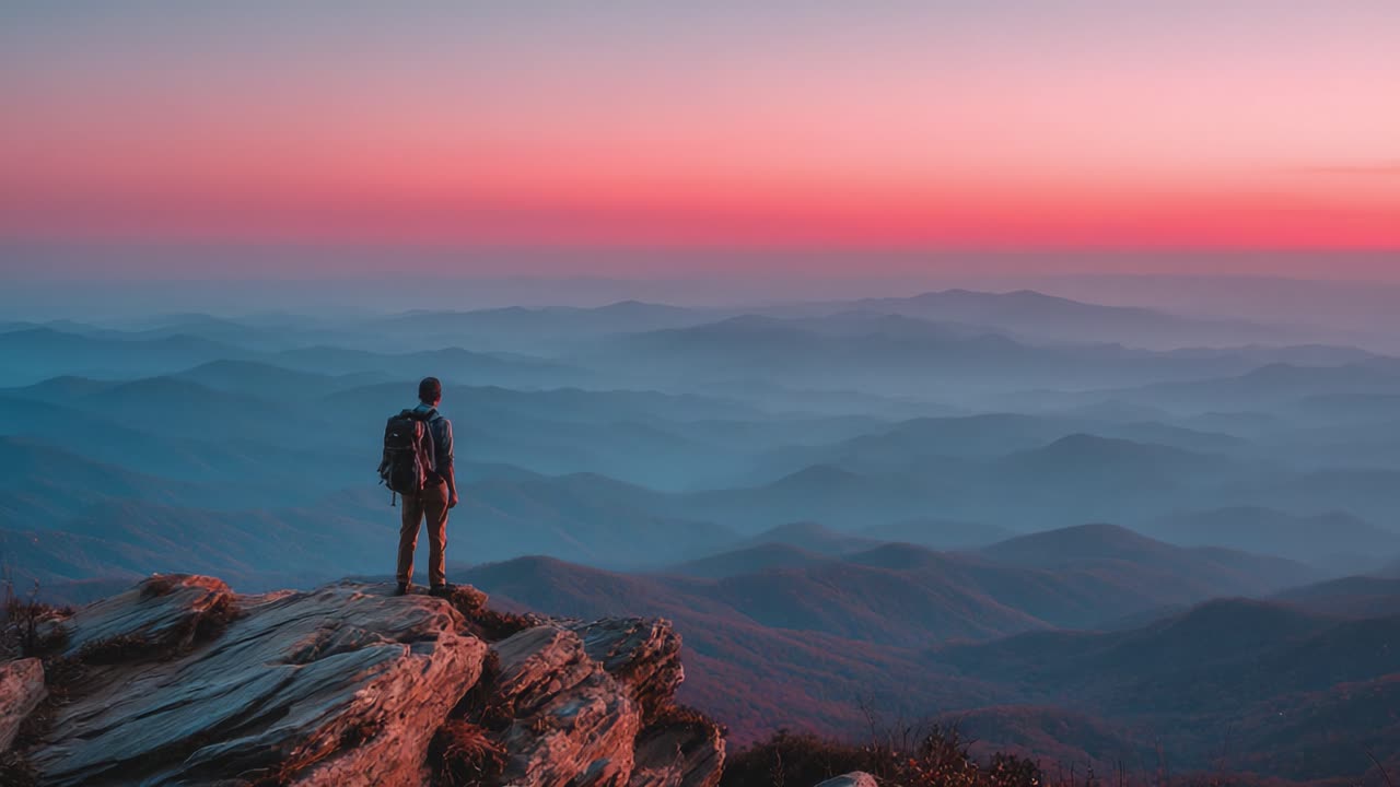 A solitary figure stands at the edge of a rocky outcrop, gazing over a breathtaking landscape of rolling hills and vibrant sunset hues, embodying the beauty of nature's tranquility