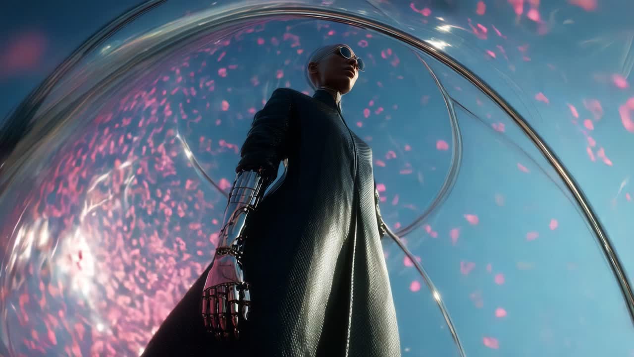 A futuristic robotic figure stands confidently within a transparent bubble, surrounded by floating pink petals, conveying a striking blend of technology and nature in a vibrant atmosphere