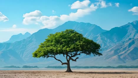 un árbol solitario en el medio de un desierto con montañas en el fondo