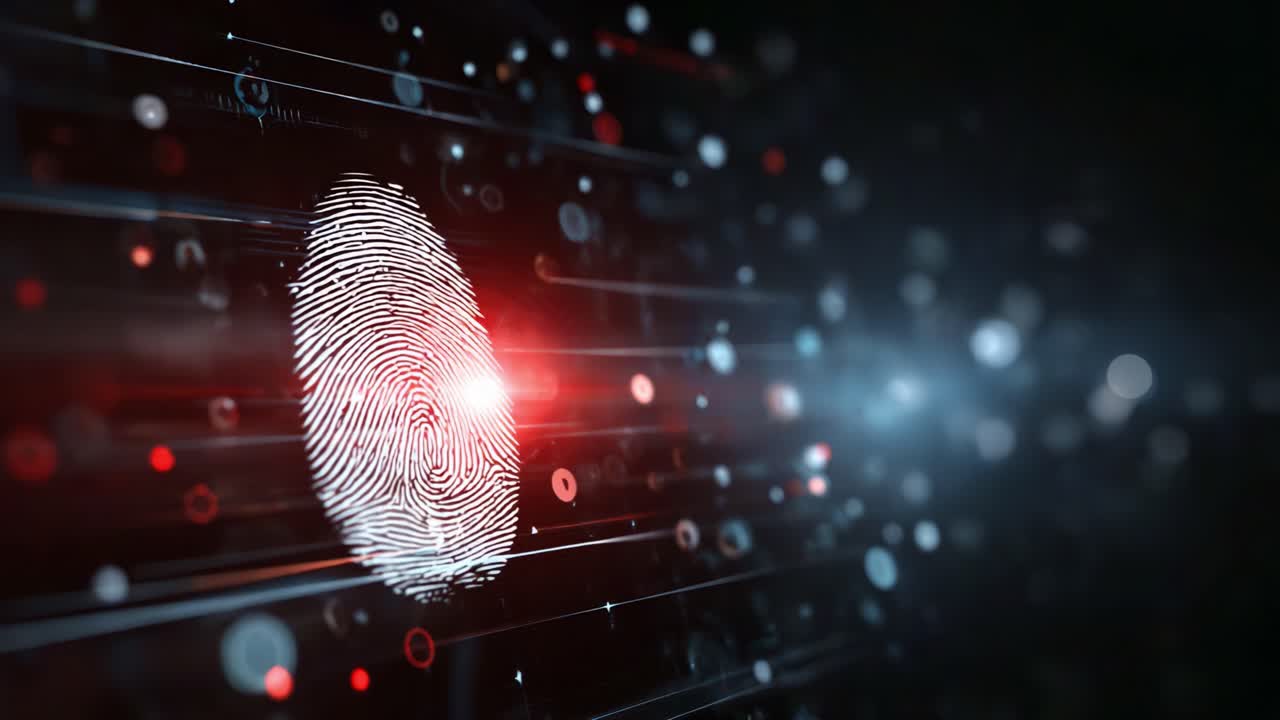 Digital fingerprint representation blended with abstract technology design showcasing biometric security patterns in a futuristic visual environment