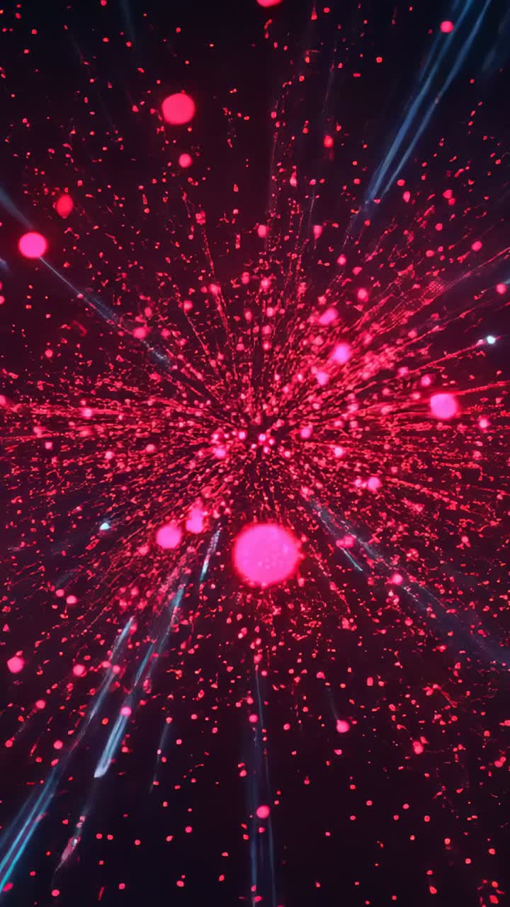 Vertical video: Emitting dense core sending many pink dots out in dark void with cyan trails, orbs