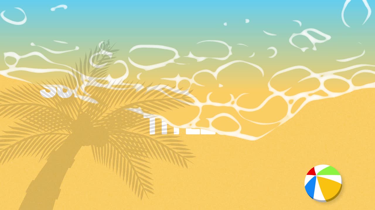 Vista animata dall'alto verso il basso di una spiaggia con palme e onde oceaniche